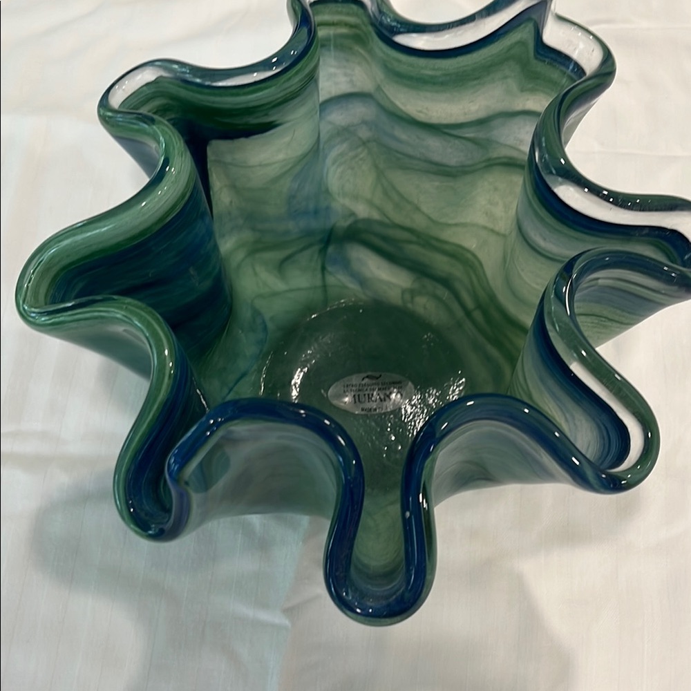 Murano Italian Green and Blue Glass Art Bowl with Wavy Rim